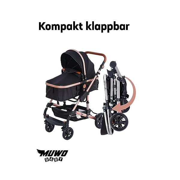 MUWO 3 in 1 Kinderwagen Komplettset inkl. Babywanne, Buggy Sportsitz, Auto Babyschale mit Regenschutz und Moskitonetz, zusammenklappbar (Schwarz) – Bild 6