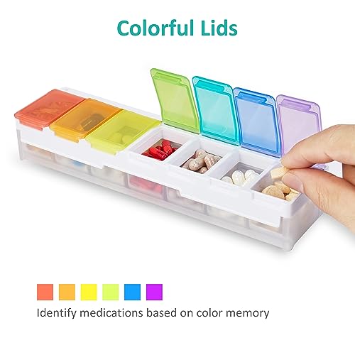 Image of Fullicon Weekly Pill Organizer 7 Day Quick Fill & Spill Proof Designed Large Pill Box with Free Labels Travel Medicine Organizer for Medicine, Vitamin, Fish Oil, Supplement (Rainbow Clear)