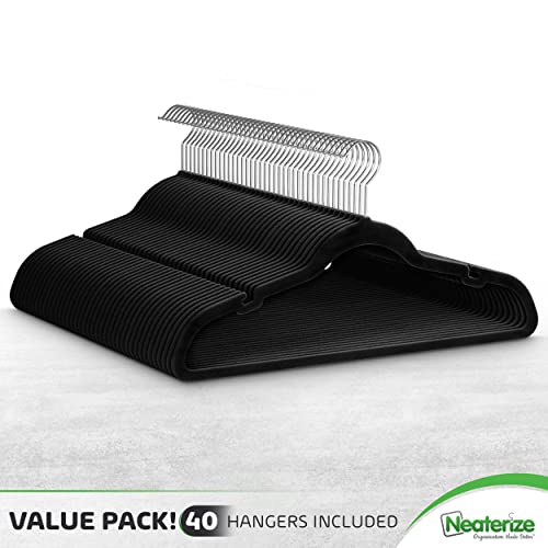 Image of NEATERIZE Velvet Hangers 40 Pack Black Heavy Duty Clothes Hangers Space Saving - Non Slip Felt Hangers for Closet - Perchas Ganchos para Colgar Ropa Hangars.