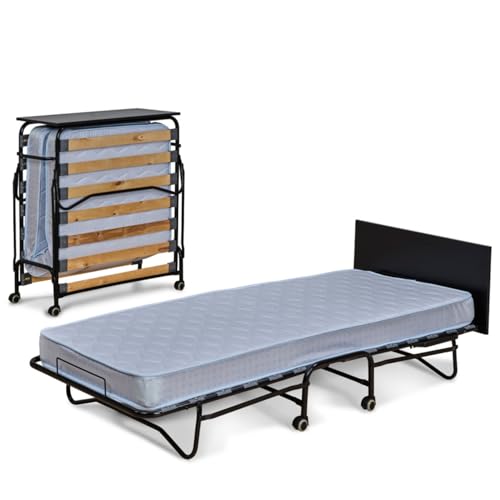 Lourini® Cama Plegable Individual 85x195 cm con Colchón, Plegatin Auxiliar Portatil para Invitados, Cama Turca Supletoria para Dormir, Folding Bed con Ruedas