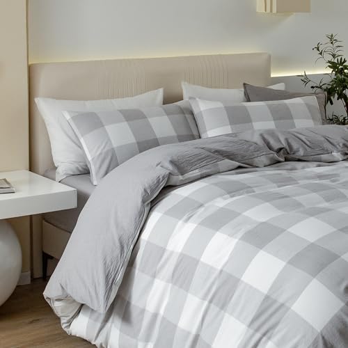 JIYUAN 100% Washed Cotton Duvet Cover Set 3 Pieces King, 1 Duvet Cover 104x90 Inches(Comforter Not Included) and 2 Pillowcases,Linen Feel Bedding Set Comfy and Breathable, Heathered Plaid Grey