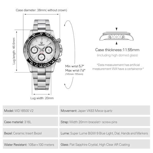 Image of watchdives Chronograph Watch, WD16500 V2 Quartz Men Watches Japan VK63 Meca-Quartz Movement 38mm Sapphire Crystal Wristwatch 100M Waterproof Sport Watch, Stainless Steel Bracelet