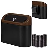 Ginsco Mini Car Trash Can with Lid, Small Car Garbage Can, Cute Leakproof ABS Car Trash Bin, Car Accessories for Interior, Garbage Bin for Car, Home, Office with 60pcs Trash Bags Black/Brown