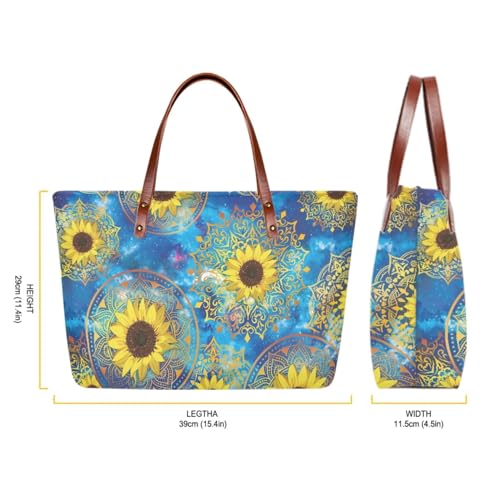 Image of Boho Sunflower Tote Bag with Wallet, Large Top Handle Purse Shoulder Satchel Handbag Purse, Light Hobo Bag with Cosmetic Case, Handbag and Wallet Set for Women, Gift for Mom, Blue