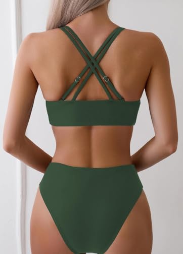 Image of Fanuerg Women's Sexy V Neck Bikini Sets Hollow Out Two Piece Swimsuits Cutout Mid Waist Bathing Suit