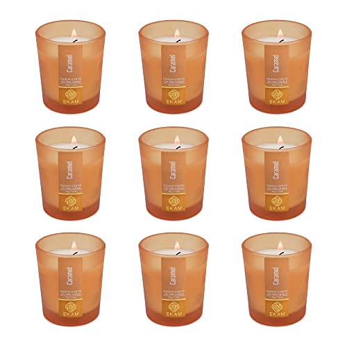 Image of EKAM Caramel Votive Soy Wax Scented Candle, 40 Grams, 10 Hours Burn Time| Long Lasting Premium Candles | Ideal for Home Decor | Gifting & Aromatherapy (Pack of 9)