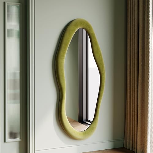 Honyee 55" x 24" Wall Mirror, Flannel Wrapped Wooden Frame Wavy M...