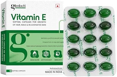 GLIMLACH Vitamin E Capsule for Glowing Face, Skin and Hair Nutrition (15 Capsules Each) (pack of 5)