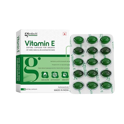 Image of GLIMLACH Vitamin E Capsule for Glowing Face, Skin and Hair Nutrition, Vitamin E Capsule Pack with Nutrient-Rich Formulation for Face Care, Skin Care and Hair Care (15 Capsules Each) (7)