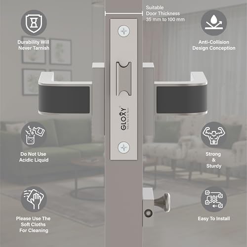 Image of GLOXY Premium Bathroom Door Lock with Satin & Black Finish - Mortise Bathroom Lock for Door with Brass Baby Latch - Heavy Duty Lock for Door with Keyless Plate Handle Set with 2 Years Warranty