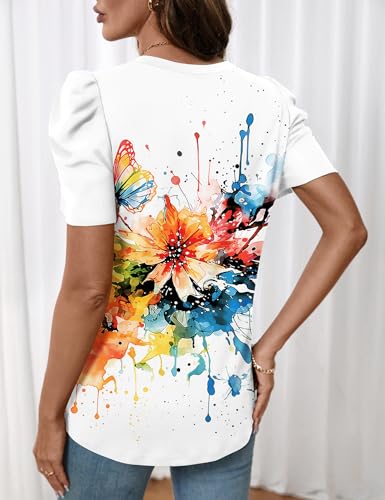Image of LOMON Spring Summer Tops for Women 2026 V Neck Puff Short Sleeve Tops Fashion Trendy Work Blouses Dressy Casual S-XXL