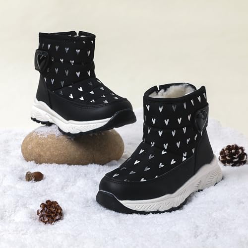 PATPAT Toddler Girls' Winter Snow Boots, Little Kis Outdoor Waterproof Mid-Calf Snow Boots with Warm Lining and Heart Pattern3
