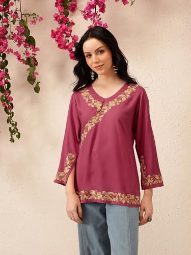 Image of QAZMI Women's Aari Embroidered Viscose Rayon V-Neck Full Sleeves Short Kurti