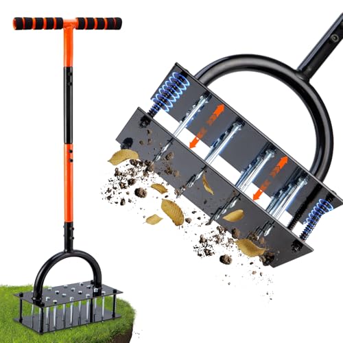 Bluesea Lawn Aerator Tool - 16 Iron Spikes with Ergonomic T-Handle, Automatic Dirt Clean for Soil Loosening & Yard Aeration, Manual Metal Grass Aerator (Orange)