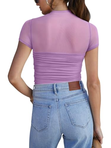 Image of REORIA Women's Sexy Mock Turtle Neck Short Sleeve Shirts Sheer Mesh Ruched Trendy Going Out Bodysuits Tops
