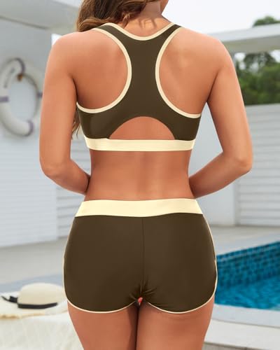 Image of Women Two Piece Sporty Bikini Set Athletic Swimsuits with Boy Shorts Bottom | Racerback, Crop top, Drawstring, Bathing suits, Mid Rise, Padded bra, Full lining, Scoop neck, Full coverage