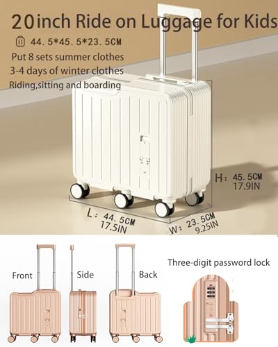 20" Ride-On Suitcase for Kids, Ride on Kids Luggage Six Wheels Suitcase with Spinner Wheels Ride on Toddler Luggage Travel Rolling Suitcases for Boys Girls (White)2