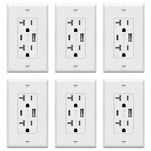 Topgreener Usb Outlet, 20 Amp Type C Usb Wall Charger Outlet, 20A Tamper-Resistant Receptacle With 2 Usb Charging Ports, Wall Plate Included, Tu22036Ac-W-6Pcs, White, 6 Pack #TOP15