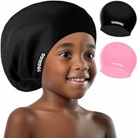 YOGINGO 2 Pack Extra Large Swimming Cap for Kids - Long Hair Kids, Girls&Boys with Curly Braids Dreadlocks Silicone 6-14, Keep Dry, Black+Pink