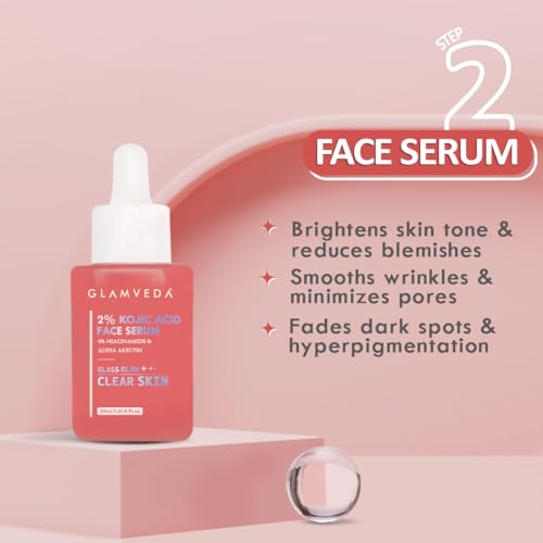 Image of Glamveda 2% Kojic Acid 4 Step Skincare Routine Facewash, Spot Corrector, Serum & Gel Cream For Remove Dark Spots, Pigmentation, Acne Scars, Clear and Glowing Skin | For Men & Women | All Skin Type