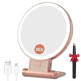 Auxmir Miroir Maquillage Grossissant Lumineux, 30X/1X Double Face, Miroir LED 2000mAh Rechargeable avec 3 Couleurs éclairage pour Cosmétique Voyage Pliable Portable