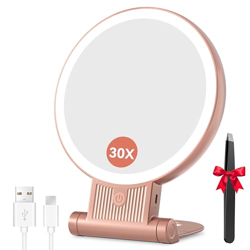 Auxmir 30X Magnifying Mirror, Double Sided 1X /30X Makeup Mirror with Light, Folding Lighted Rechargeable Beauty for Travel, Rotating 3 Color Lights, Dimmable Touch Screen, Rose Gold