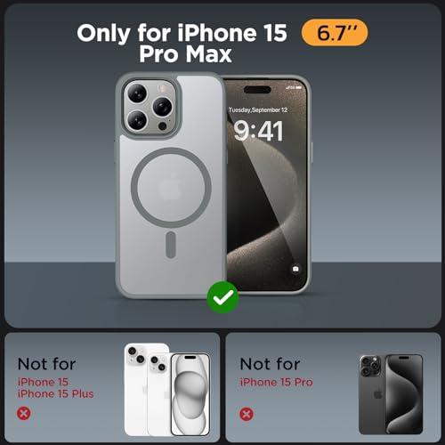 Image of Miracase Magnetic for iPhone 15 Pro Max Case 6.7 inch (Compatible with MagSafe)(with 2X Screen Protectors) Military-Grade Protection, Anti-Fingerprint Translucent Matte Phone Cover, Gray