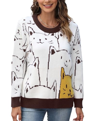 Image of Arssm Womens Cat Sweaters 2024 Long Sleeve Oversized Cute Kawaii Cartoon Crewneck Pullover Knit Sweater Top
