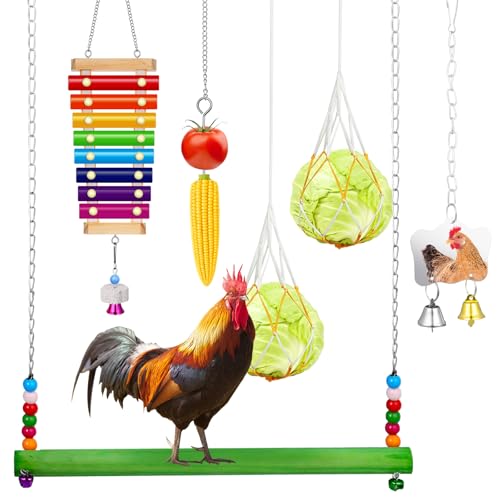 Gejoy 6 Pieces Chicken Toys for Coop Accessries Wooden Stand Mirror with Bells Coop Swing Veggies...