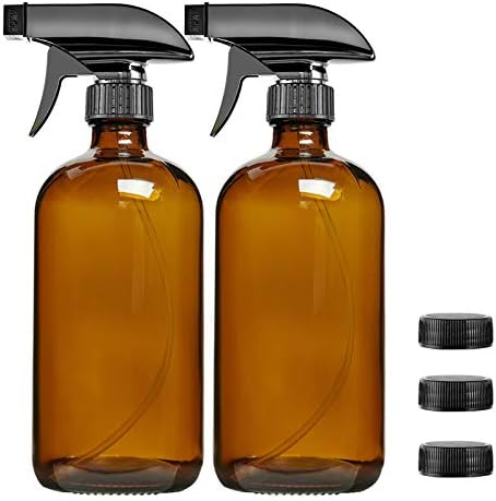 Empty Amber Glass Spray Bottles, SXUDA 16oz Refillable Container for Essential Oils- Durable Black Trigger Sprayer w/Mist and Stream Settings & 3 Storage Caps
