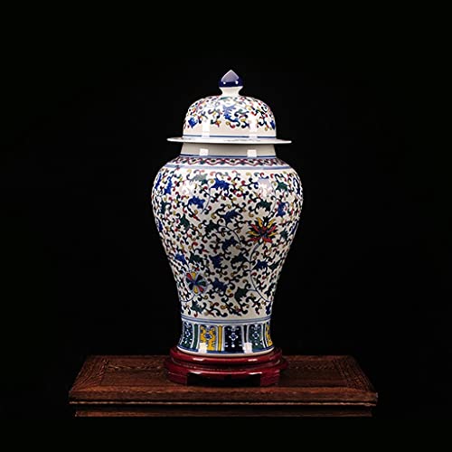 Robmet Blue And White Porcelain Ginger Jar Vase For Home Decor, Chinoiserie Decorative Jar With Lid, Floral Print Ceramic Temple Jar W/Wooden Stand Centerpiece (Size : Small) #TOP1