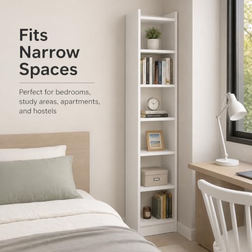 Image of FURLAY SlimTower 180 cm Tall Bookshelf, White 6-Tier Slim Open Shelf Organizer, Space Saving Book Rack for Bedroom, Study Room, Living Room, Office, Kids Room & Decor Storage (FWBS7L-White)