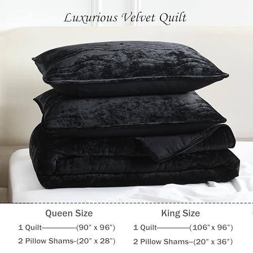 Image of Luxury Velvet Queen Comforter Set, Black Queen Size Comforter Sets, Black Queen Quilt Bedding Set, Luxurious Plush Bedspreaqd Sets, Soft Lightweight Quilts Queen Size for All Season