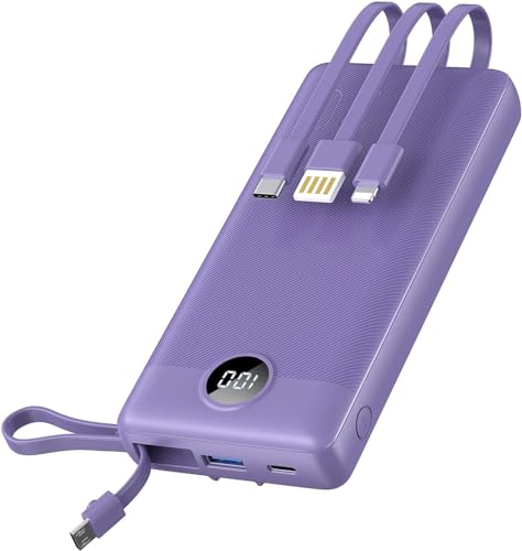 VRURC Power Bank con Cables Incorporados 20000mAh, 22.5W Carga Rápida USB C Power Bank, Pantalla LED Carga con 4 Salidas 2 Entradas para iPhone 15/14/13/Pro, Samsung, Android-Púrpura