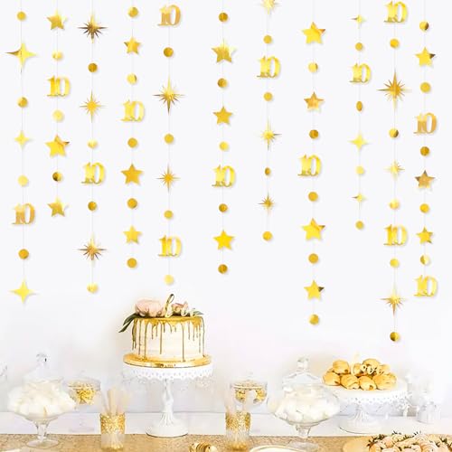 Image of Gold 10th Birthday Decorations Number 10 Circle Dot Twinkle Star Garland Metallic Hanging Streamer Banner Backdrop for Girls Boys Double Digits Ten Year Old Birthday 10th Anniversary Party Supplies