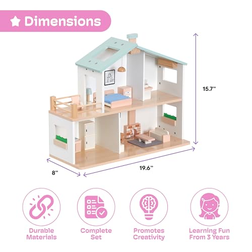 jewelkeeper 2 storey dollhouse wooden - kids pretend play dream house - wooden dollhouse for girls - large wood doll houses playset gift for girl ages 3 and up -157x196 inch