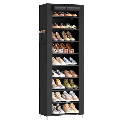 SONGMICS 10-Tier Shoe Rack, Shoe Storage Cabinet with Dustproof Cover, Free-Standing Storage Organizer for Closet, Entryway, Hold 20 Pairs of Shoes, for Sneakers, High Heels, Black URXJ034BH