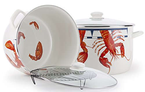 Golden Rabbit Enamelware - Lobster Pattern - 18 Quart Stock Pot with Rack