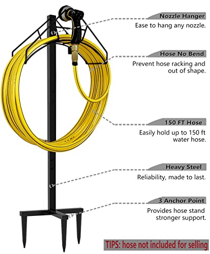 Artigarden Freestanding Garden Hose Holder Hanger, Heavy Duty Metal Water Hose Reel Storage Stand Rack for Yard Lawn, Bright Black (Hose not Included)