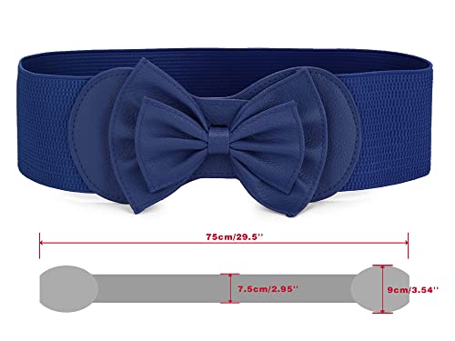 Allegra K Women's Elastic Waist Belt Interlock 8-shaped Faux Leather Buckle Belts for Lady 68.6cm/27" & 75cm/29.5" Green & Bow Decor Navy Blue3