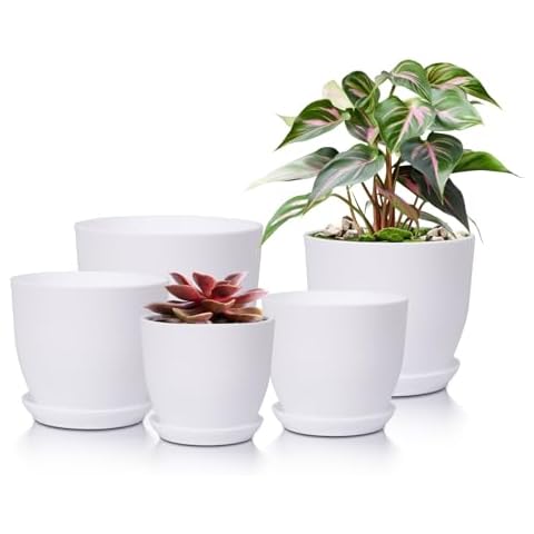 Vodotion Plant Pot,5pcs a Set Plastic Plant Pots with Drainage - Decorative Flower Pots for Indoor and Outdoor Plants, Ideal for Succulents, Flowers, and Herbs(Size：7.5/6.7/5.9/4.7/3.9 in) ，White Cover