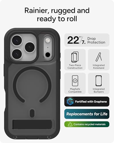 Image of ZAGG Rainier Case with Kickstand for iPhone 17 Pro - Smoke Black, Graphene 22ft (7m) Drop Protection, Lanyard Attach Points, MagSafe, Wireless Charging Compatible, 2-Piece Design, Phone Case