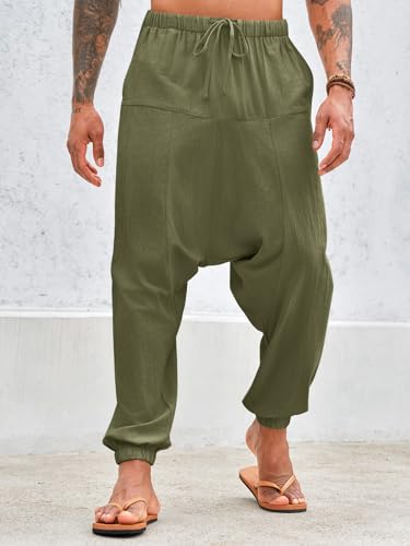 PASLTER Mens Harem Pants Baggy Casual Cotton Linen Boho Yoga Drop Crotch Hippie Trousers2