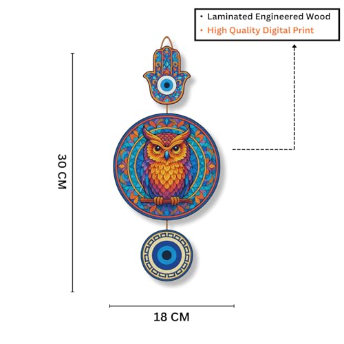 Image of GiftOday Owl Shape Wooden Wall Hanging For Home & Kitchen Decor | Evil Eye Decoration Living Room, Bedroom | Modern Artwork | Mdf Item | Wall Hanging Ornament Door Decorative (18 x 30 CM)