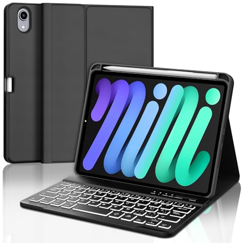 IVEOPPE Teclado iPad Mini 7, Teclado iPad Mini 6, Funda iPad Mini 7 con Teclado, Español Ñ, Funda Teclado Retroiluminados Bluetooth Desmontable para iPad Mini 7/6 8.3" 2024/2021, Negro