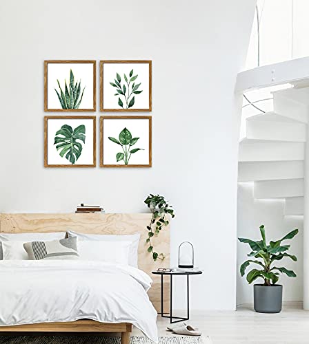 Artbyhannah 10X10 Inch 4 Panels Botanical Framed Walnut Picture Frame Collage Set For Wall Art Décor With Watercolor Green Leaf Tropical Plant Square Frame For Gallery Wall Kit Or Home Decoration #TOP5