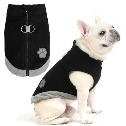 Image of Mihachi Dog Fleece Vest Sweater Zip Up Warm Pullover Step-in Dog Jacket with Dual D-Ring Leash, Winter Cold Weather Reflective Coat Clothes Hoodie for Small Medium Dogs Puppy Cat Boy Girl, Black XS
