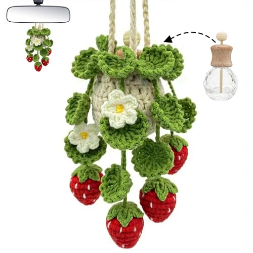 Image of Crochet Car Air Freshener Hanging, Cute Hanging Plant for Cars, Crochet Strawberry Plant with 10ml Empty Refillable Oil Diffuser Bottle, Handmade Boho Car Ornament Charms for Rear View Mirror, Red