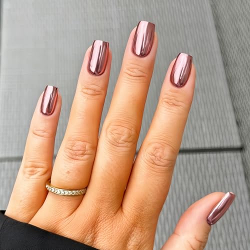 Rose Gold Press on Nails Metallic Plating Fake Nails Short Square Nails Press ons Chrome Metal Glue on Nails Glossy Mirror Stick on Nails Valentines Artificial Nails for Women Manicure 24Pcs