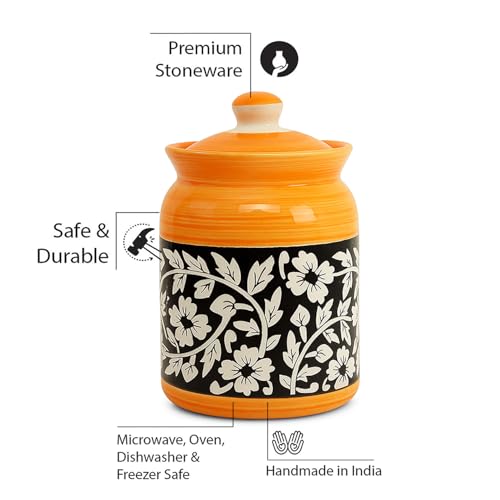 Image of Handcrafted Ceramic Jar with Lid 1000 mL | Traditional HandPainted Kitchen Storage Container | Pickle, Spice, Sugar, Tea, Coffee Canister | Pottery Home & Gift (Set of 1) (Full Floral Yellow Black)